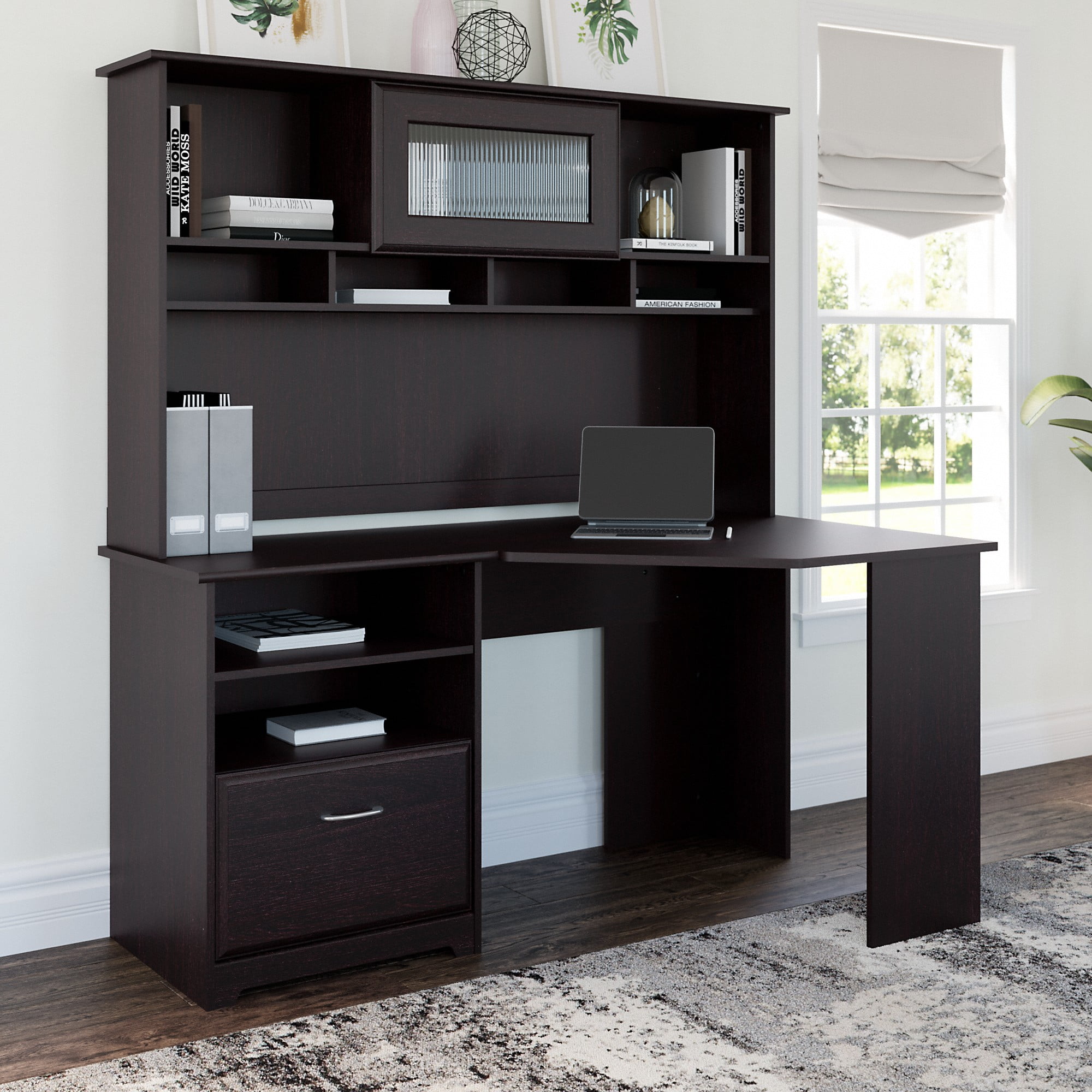 Cabot Modern 60w Corner Desk With Hutch, Oak L Shaped Desk With Storage