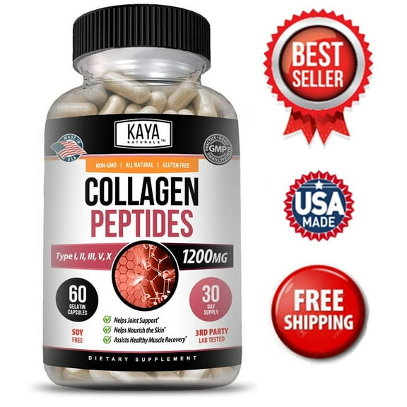 Collagen Peptides Types I, II, III, V, X, 1200mg Pills Anti-Aging Skin Capsules