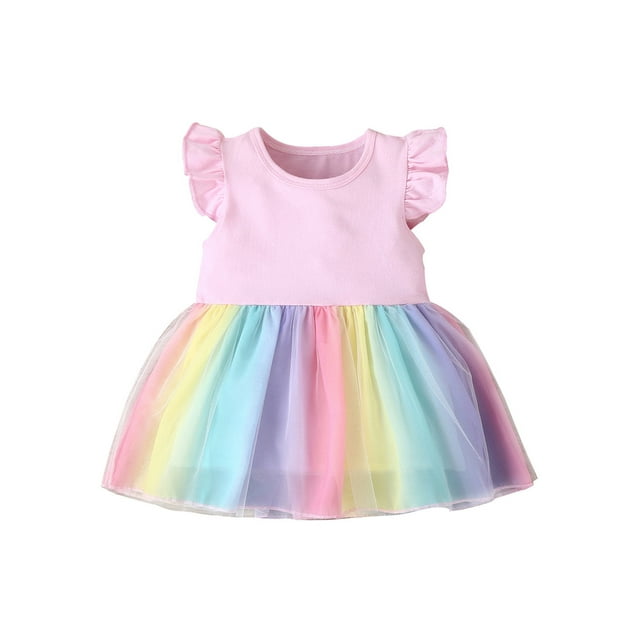 Xingqing Robe Bébé Fille Tout-Petit Imprimé Arc-en-Ciel Sans Manches Tutu Robes de Fête Robe d'Été en Tulle