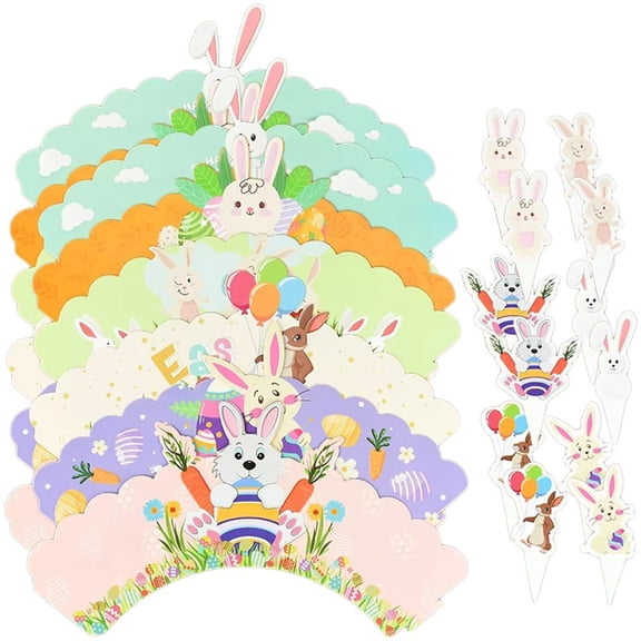 Yvsxxv 24pcs Happy Easter Cupcake Toppers and Wrappers, Colorful Cupcake Liners, Bunny Chicks Easter Egg Cake Decoration Toppers for Birthday Party Easter Party