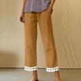 thumbnail image 4 of PiGOGI Women's Solid Ruffle Elastic High Waist Cotton Linen Long Pants, Casual Loose Trousers with Pockets, Daily/Beach/Vacation Wide Leg Yellow XL, 4 of 5