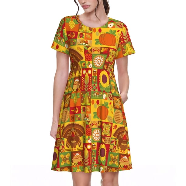 Easygdp Thanksgiving Day para Vestido Transpirable de Mujer, Vestido Suelto de Manga Corta con Pliegues y Bolsillos para el Verano
