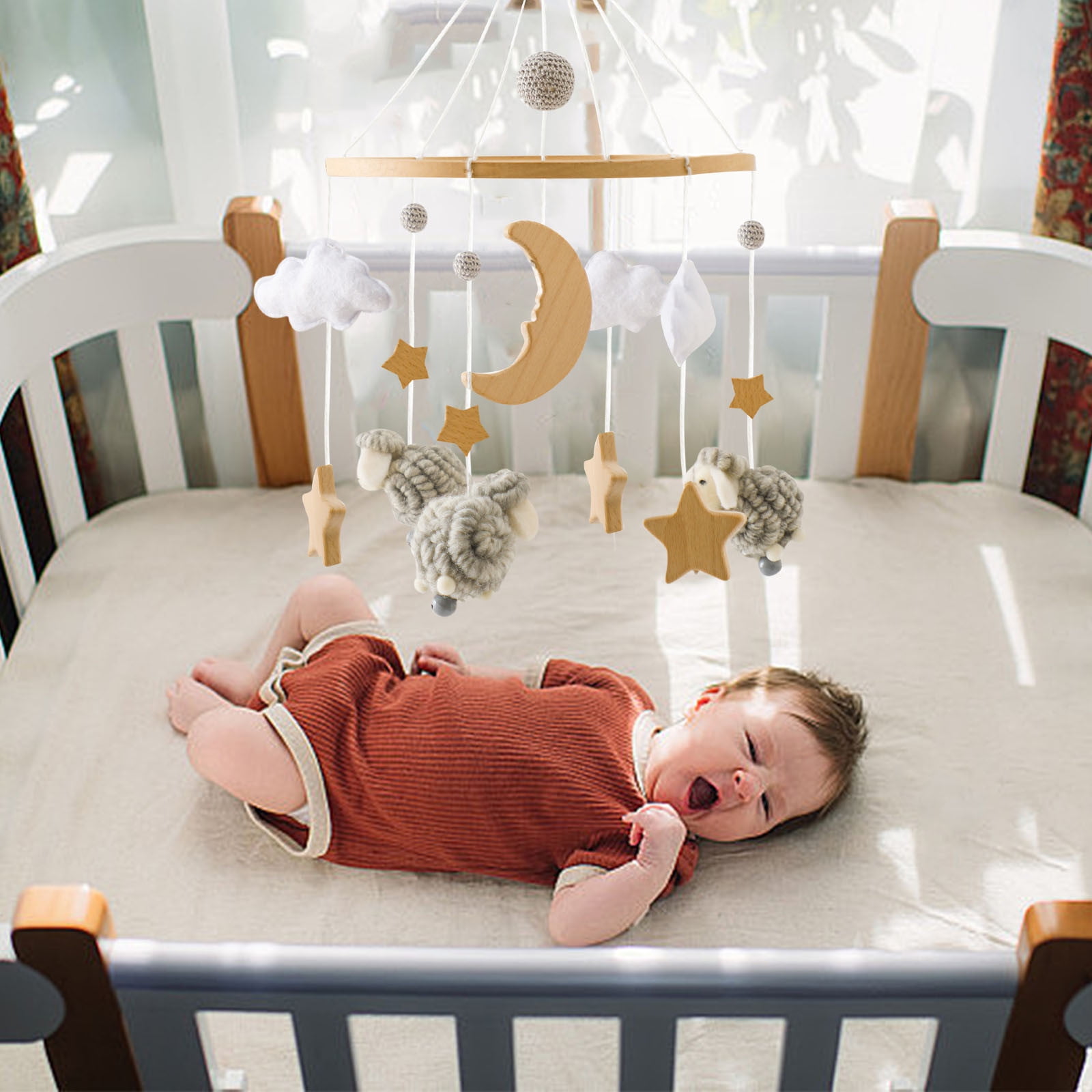 Baby Crib Mobile, Gaqring Handmade Wooden Felt Mobile for Newborns, Natural Bamboo Fiber Hanging Wind Chime Bed Decor Safe Soft Nursery Gift, Gray