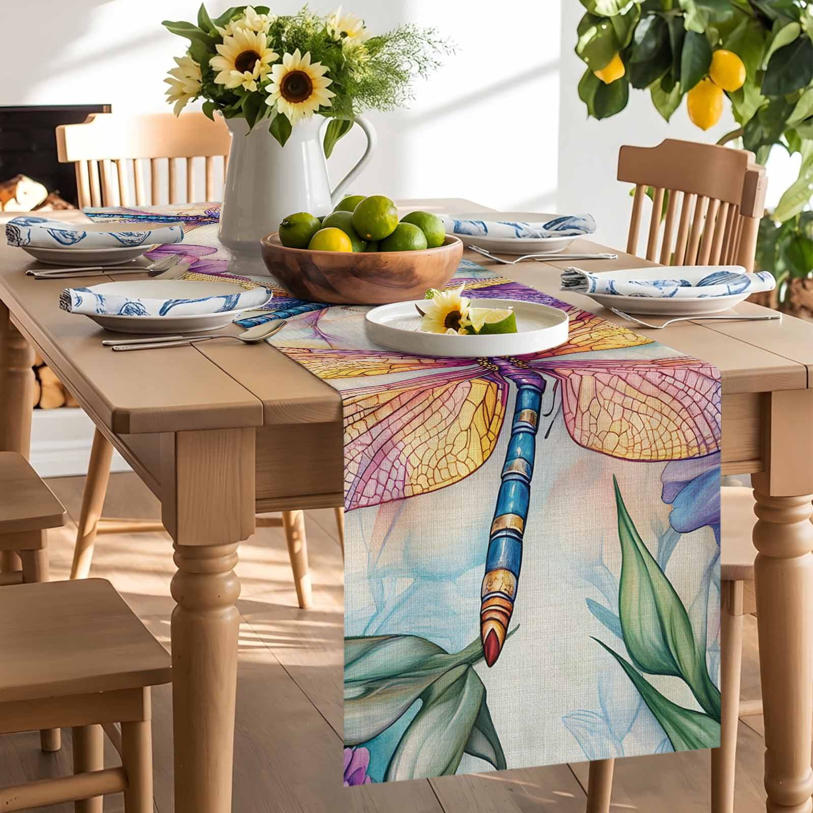 Colorful Rustic Pastoral Dragonfly Table Runner 90 Inches Long, Summer Watercolor Flower Table Runners Tabletop Scarf Kitchen Dining Tables Decoration for Home Party Indoor Outdoor