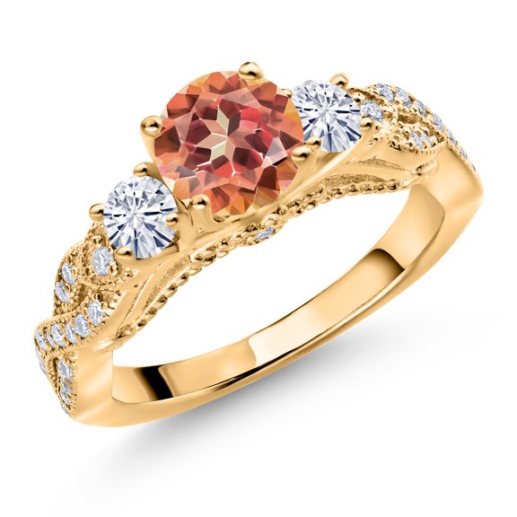 Gem Stone King 18K Yellow Gold Plated Silver Ecstasy Mystic Topaz and White Moissanite Engagement Ring for Women (1.47 Cttw, Gemstone, Round 6MM and 3MM, Size 9)