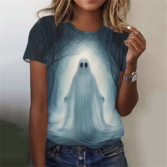 Yanchicy Womens Crew Neck T Shirt Seasonal Halloween Graphic Short Sleeve Printed Casual Tops Ladies Fashion Clothes Autumn Holiday Everyday Outfits