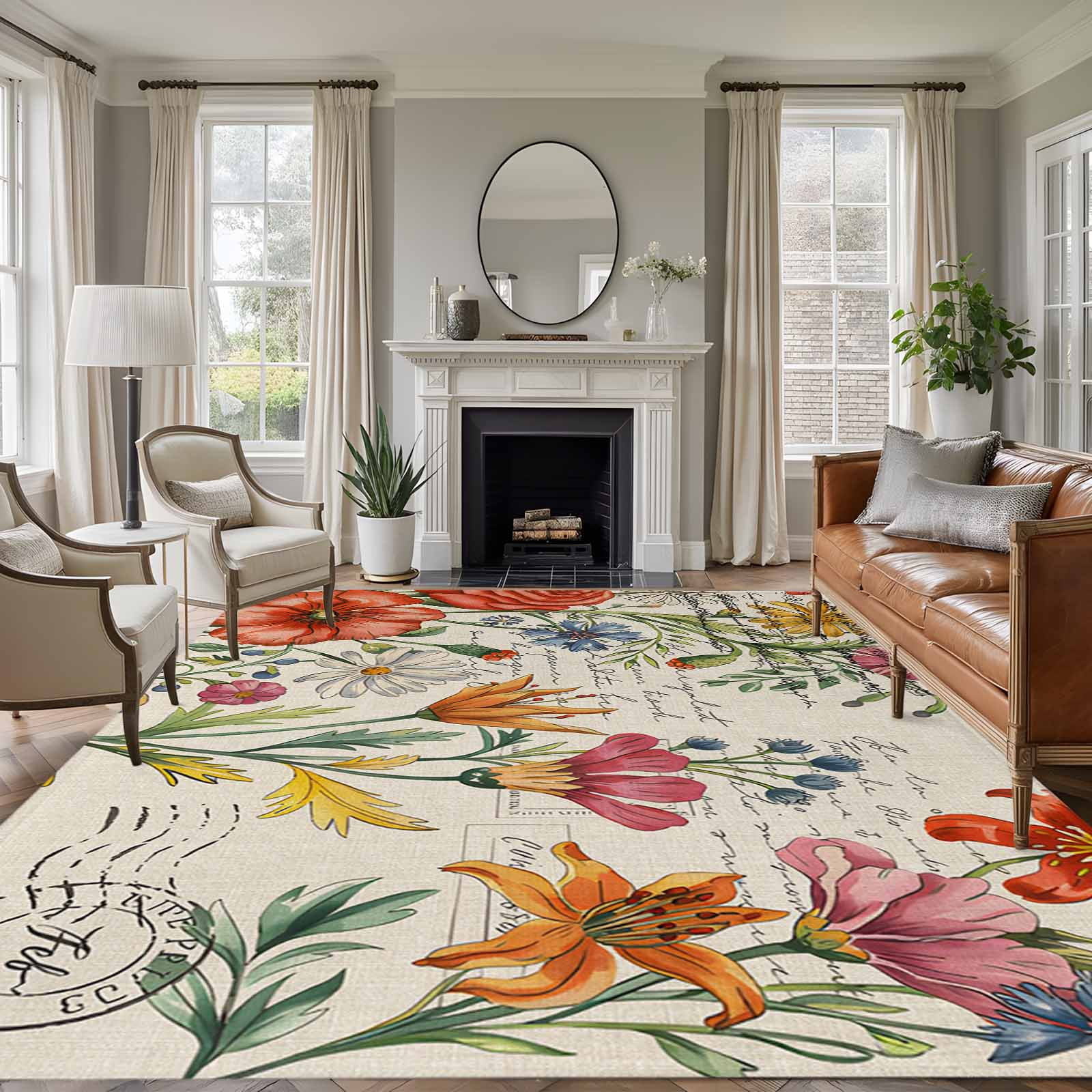Non-Slip Rug Pad Rugs Watercolor Flower Leaves on Vintage Letter Rectangle Area Rugs 9x12Ft Soft Carpet Pads for Living Room Kids Room Summer Floral