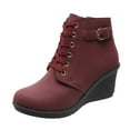 thumbnail image 5 of KIJBLAE Women's Wedge Boots Ankle Boots Lace Up Buckle Comfortable Shoes Suede Fall Winter Wedge Heel Round Toe Shoes Wine 35, 5 of 6