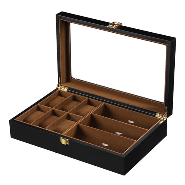 9 Rejillas Gafas De Estuche De Almacenamiento Organizador De Reloj Gafas Gafas de terre Soporte De Pantalla Tapa Caja De Joyería Con Fernando Cajas de reloj de madera para gafas de sol
