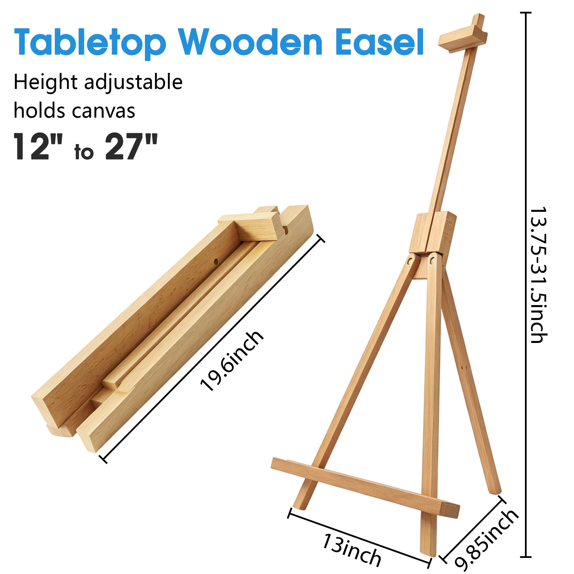 Adjustable Tabletop Wood Easel, Foldable Desktop Art Easel Stand for 12‑27" Canvas, Painting & Display for Artists Beginners