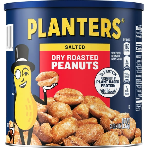 PLANTERS Salted Dry Roasted Peanuts, Party Snacks, Plant Based Protein, 52 oz Canister