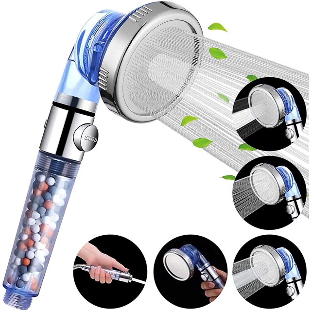 Cabezal de ducha filtrado con botón de parada, cabezal de ducha de alta presión de 4 modos, cabezales de ducha de ahorro de agua con cuentas de filtro para cabello seco y piel (sin reemplazo