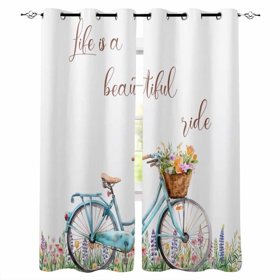 Spring Black Out Curtains 54 Inch Long, Short Curtains for Small Window, Farmhouse Bicycle Botanical Floral Flowers Room Darkening Farmhouse Window Curtains for Kitchen Bedroom 42"x54" 2 Panels