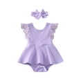 thumbnail image 1 of Biekopu Newborn Girl Romper Outfits, Sleeveless Lace Patchwork Solid Color Dress Style Romper + Cute Headband Set, 1 of 9