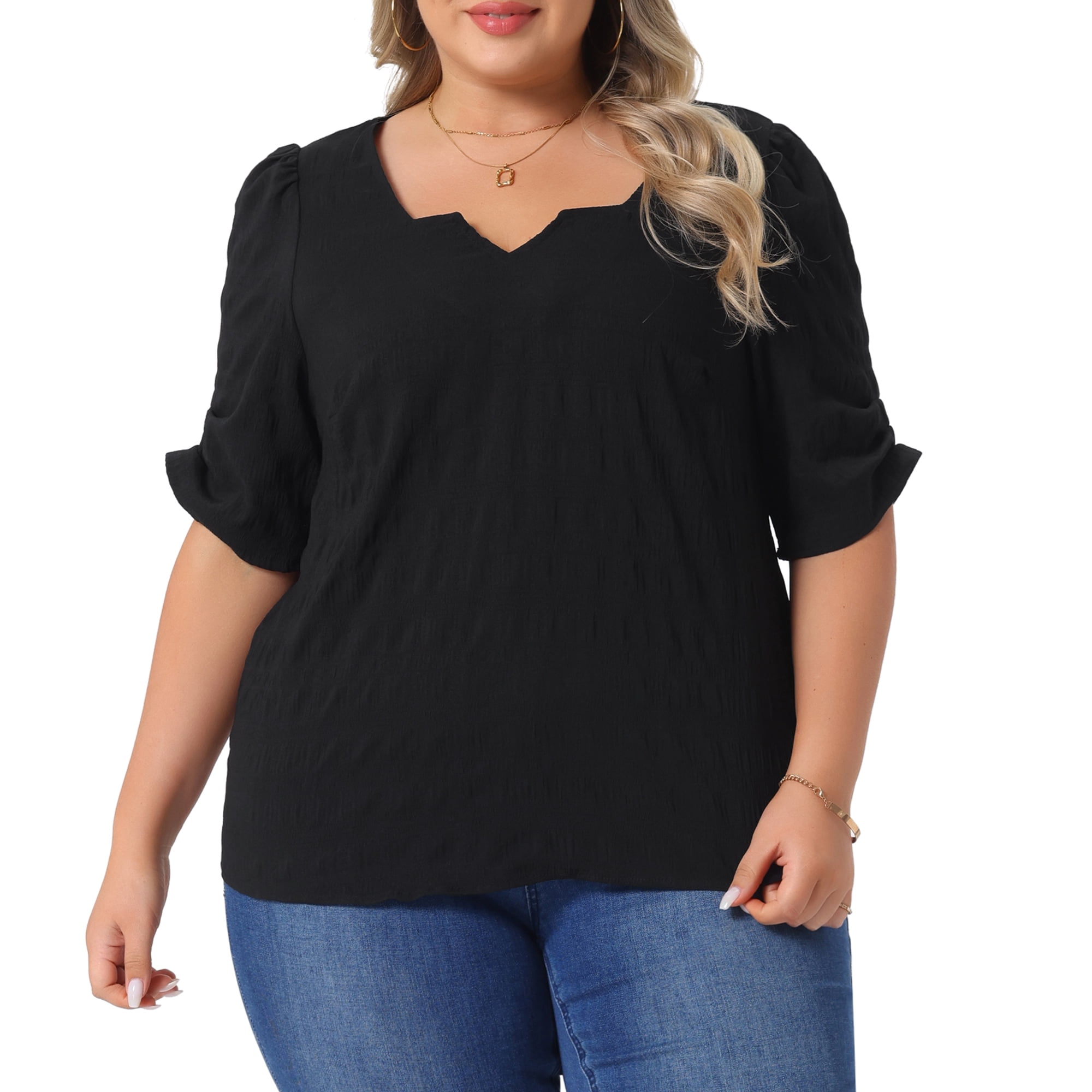 DARING DIVA Women's Plus Textured Notched V Neck Blouse 4X Black