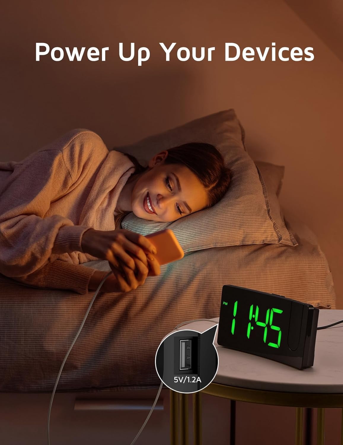 Chumajor Projection Alarm Clock, Digital Clock with 180° Rotatable Projector, 3-Level Brightness Dimmer, Clear LED Display, USB Charger, Progressive Volume, 9mins Snooze,12/24H, Green