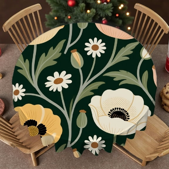 Black Floral(1) Tablecloth for dining table round, Kitchen Accessories - Machine-Made Family Round Tablecloth, Cafe,  picnic,60x60 Inch