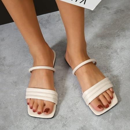 

Women s Plat Square Peep Toe Sandals Slip-on Style Casual Shoes with Anti Slip Sole Summer Beach Supply 42 Apricot