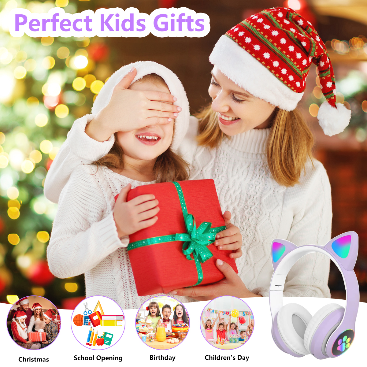 Rirool Cat Ear Bluetooth Headphones for Kids Purple photo 3