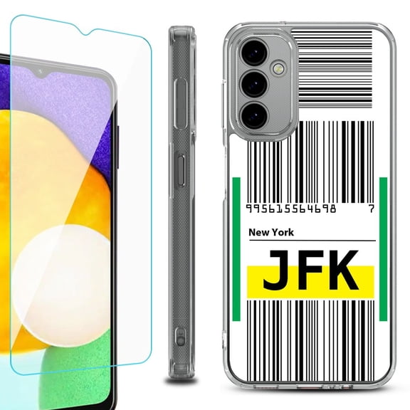 Shockproof Bumper Phone Case for Samsung Galaxy A14 5G, with Tempered Glass Screen Protector, by OneToughShield ® - Airport Tag / New York