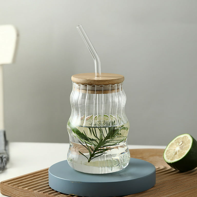 550ml Glass Cup with Bamboo Lids and Straws, Wide Mouth Clear Drinking Glass Bottle, Old Fashioned Decorative Tumbler Cups for Kids and Adults, Size