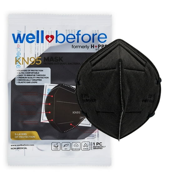 WellBefore KN95 Disposable 5Ply Face Masks, Pack of 10, Medium, Black, Individually Wrapped, Adjustable Ear Loops