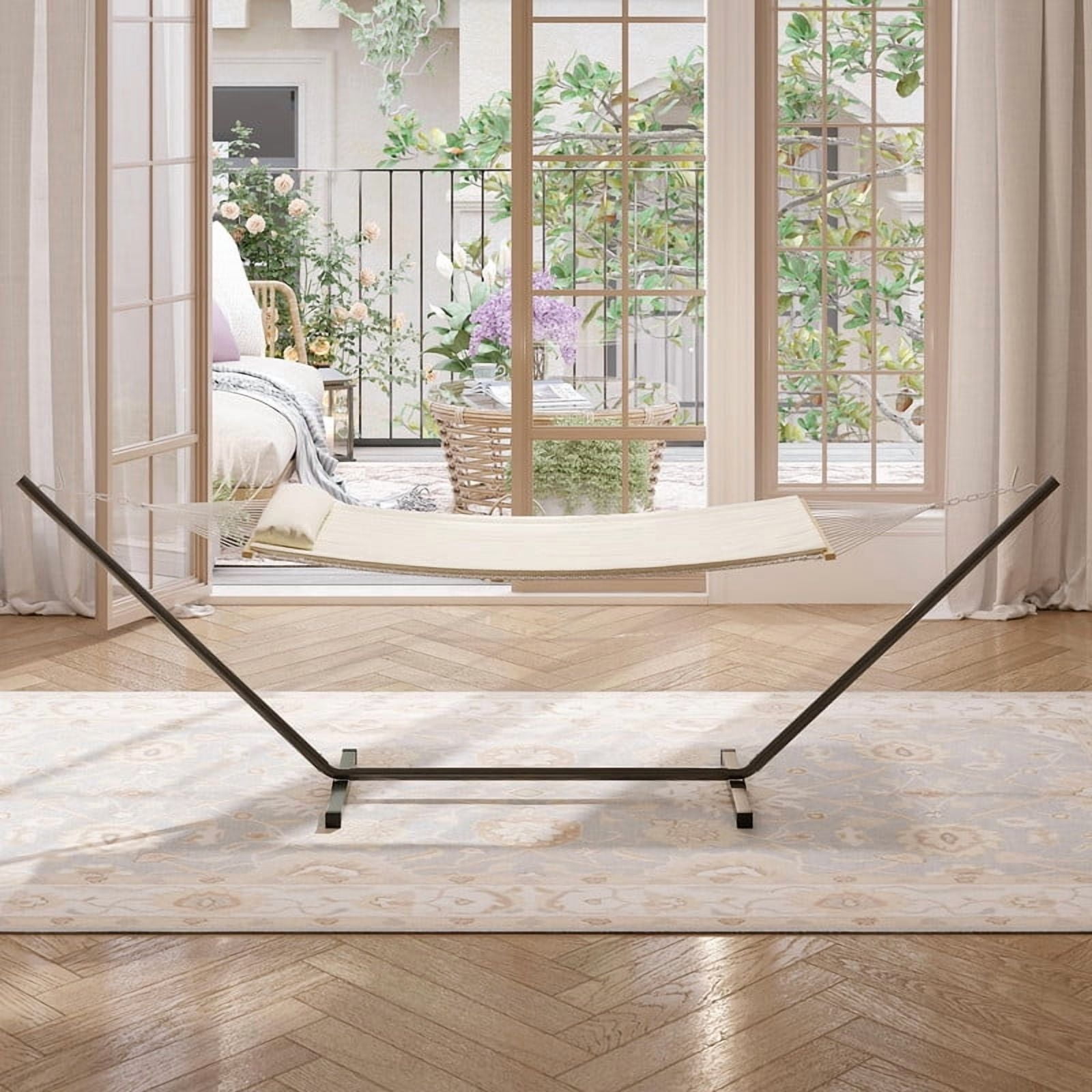 Towallmark 2 Person Hammock with Stand,&nbsp;Outdoor Double Hammock with Heavy Duty Steel Frame, 450LBS Capacity, Includes Breathable Net and Cushion, Free Standing Patio Hammock, White