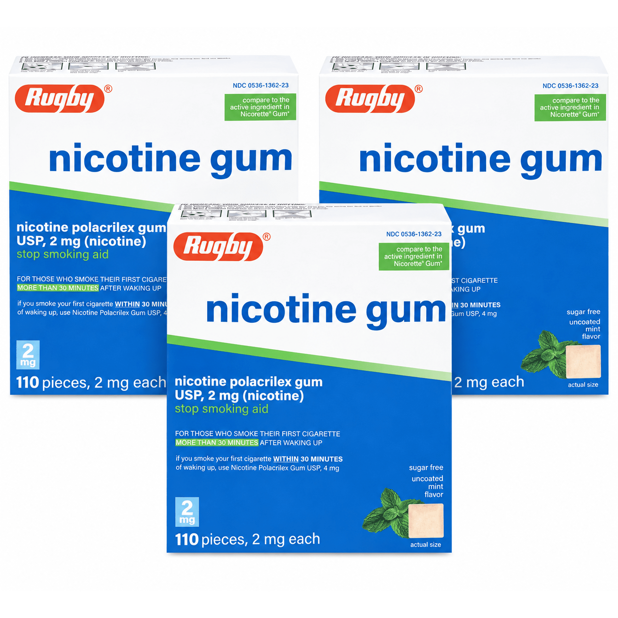 Rugby Polacrilex 2mg Nicotine Gum, Uncoated Mint Flavor, 110 Count (Pack of 3)