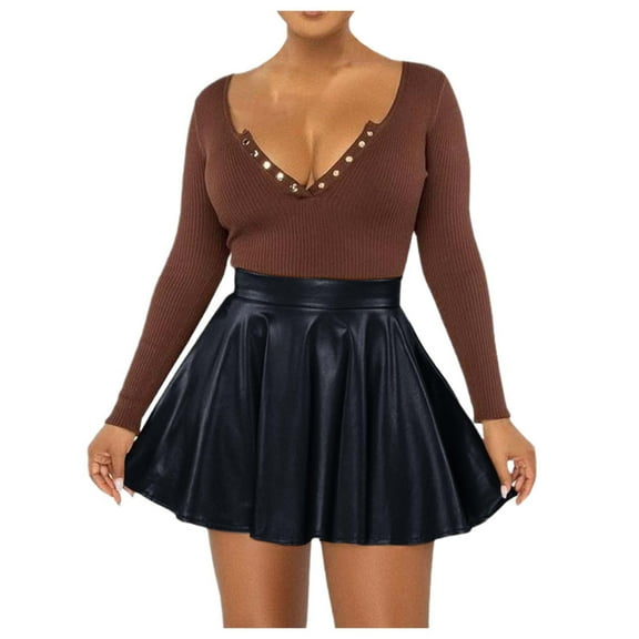 Ediodpoh Carnival Womens Skirts Solid Color Pu A Line Skater Mini Skirt Dressy for Club and Party Mini Skirts for Women Black L