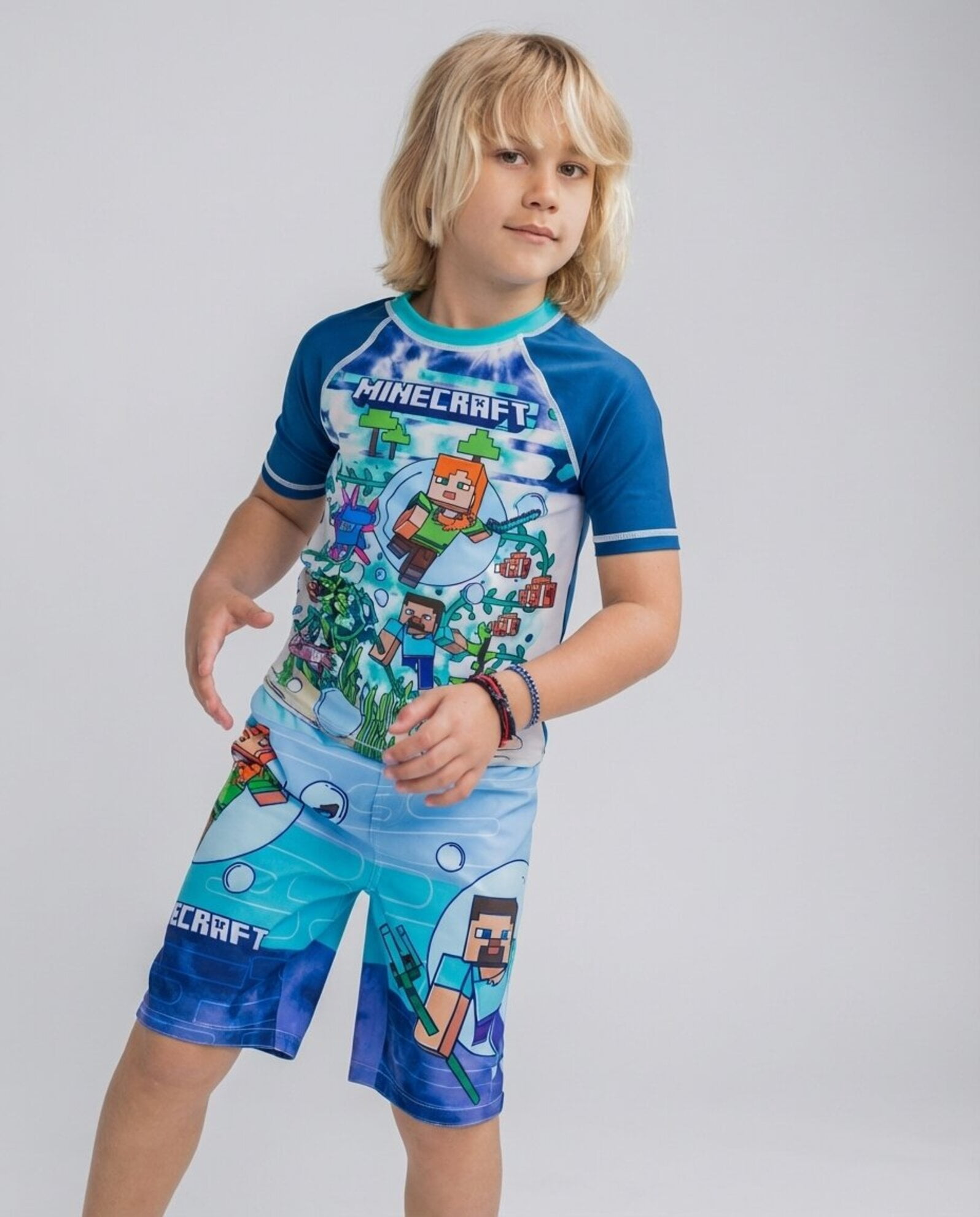 Minecraft Steve Alex UPF 50+ Rash Guard Swim Trunks Outfit Set Little Kid to Big Kid