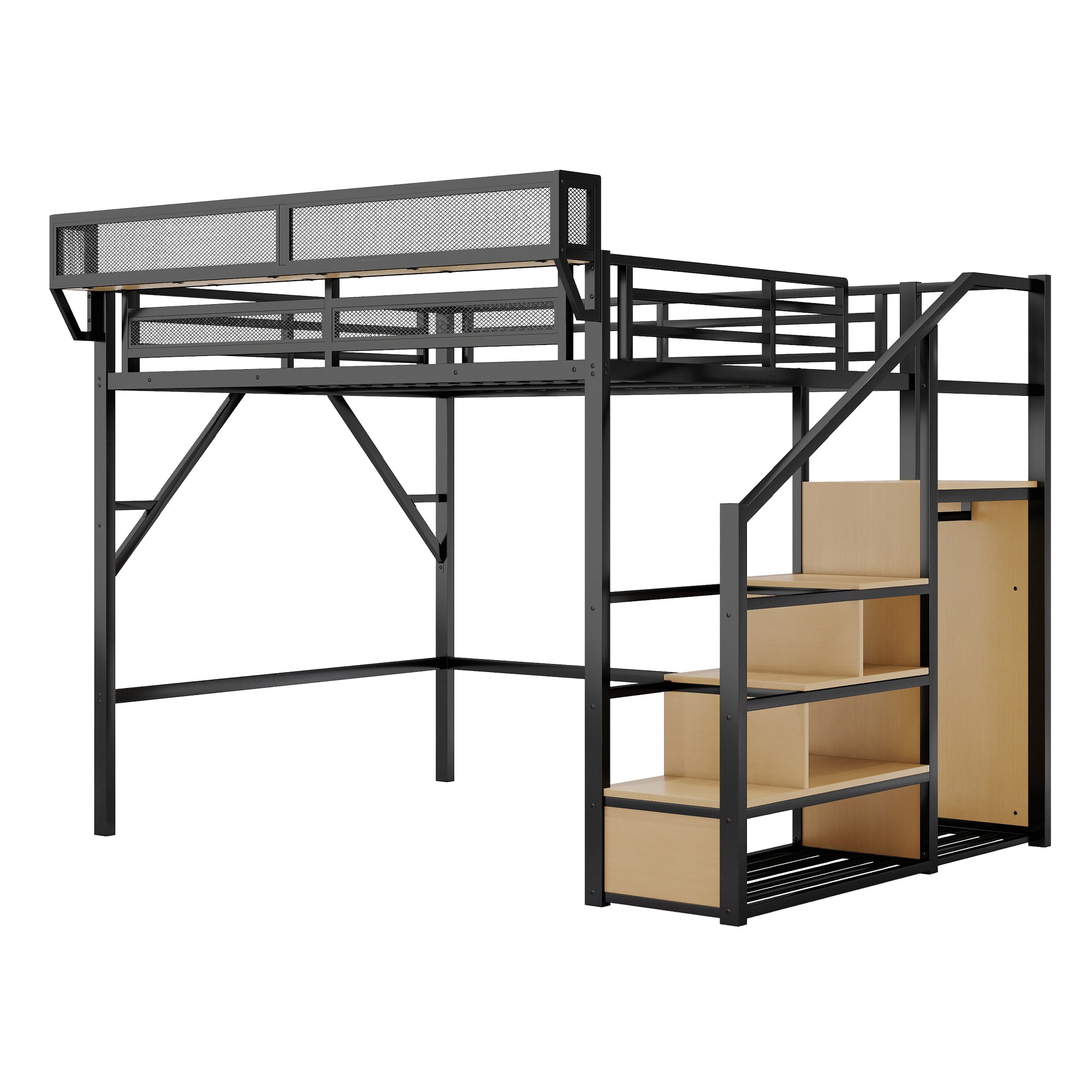 Leumius Queen Size Loft Bed with Wardrobe, Metal Queen Loft Bed with Storage Shelves, High Loft Bed with Stairs for Kids Teens Adults, Black