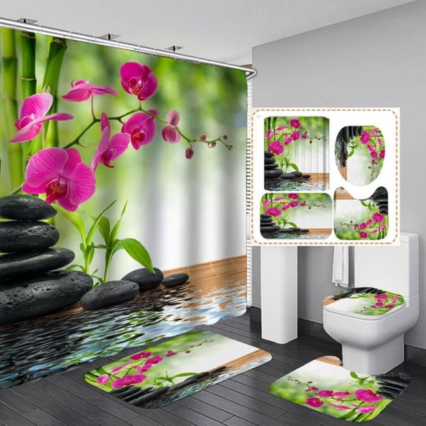 Juego de 4 cortinas de baño Patgoal con alfombras, juego de cortinas de ducha, juego de accesorios de baño, juego de accesorios de baño, cortina de baño, juego de cortinas de ducha con alfombras