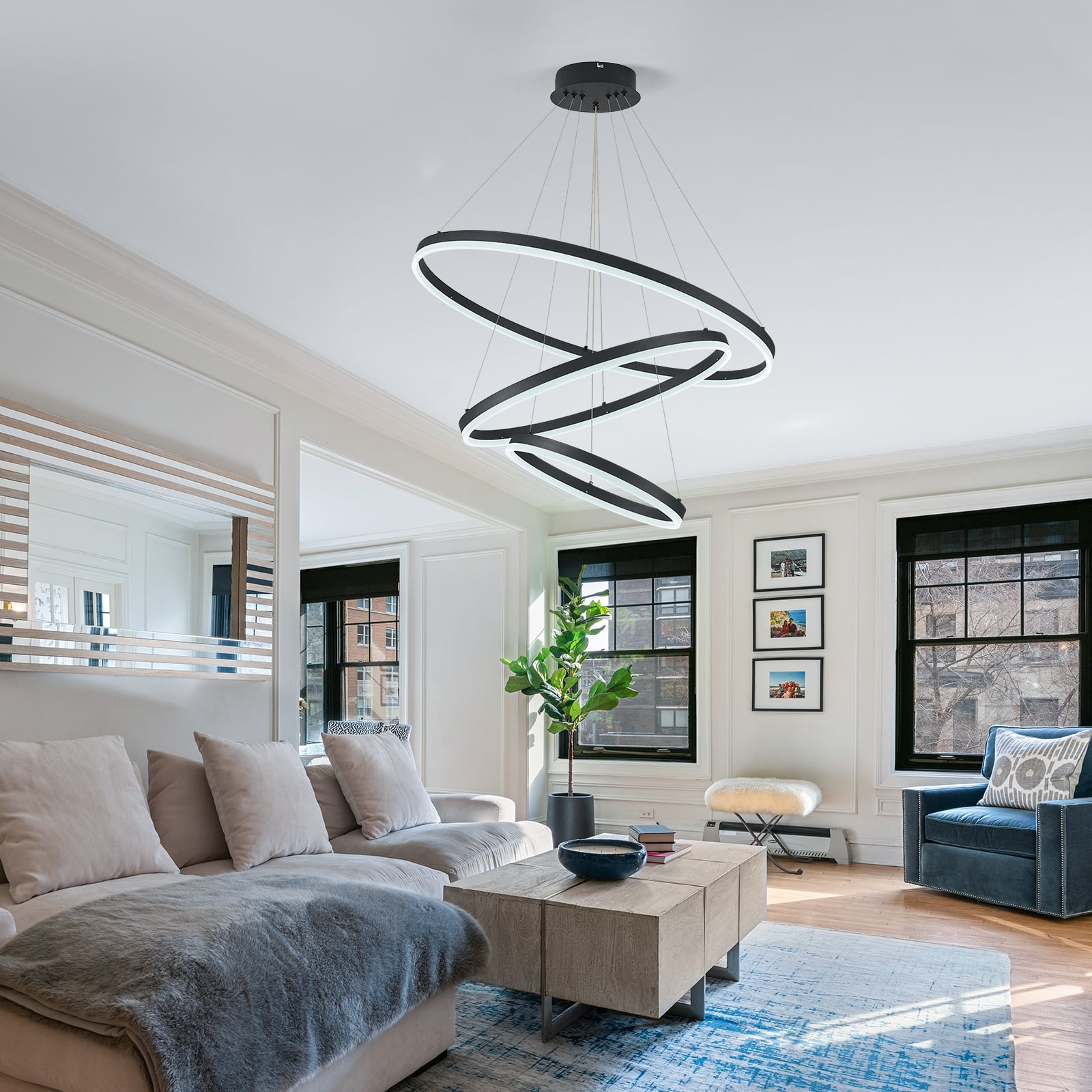 3-Rings Modern LED Chandelier Black, Dimmable Pendant Lighting with Remote Control Circular Flush Mount High Ceiling Light for Living Room Dining Room Foyer, 3000K-6500K D31.5"