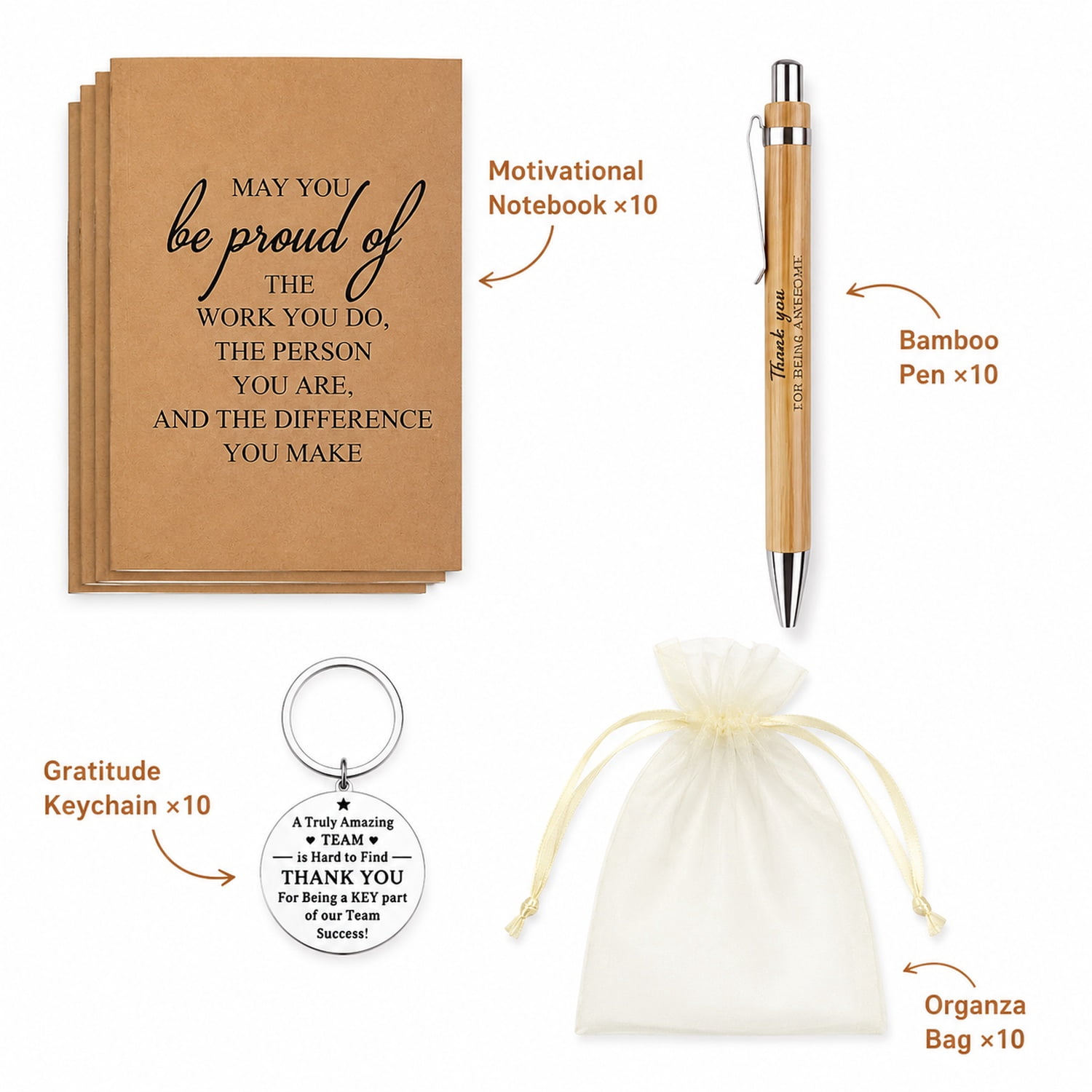 40 Pcs Employee Appreciation Gifts Bulk - Motivational Pocket Notebooks, Natural Bamboo Pens, Gratitude Keychains, Sheer Organza Bags - Team Gifts for Employees, Volunteers, Nurses, Teachers, Colleag