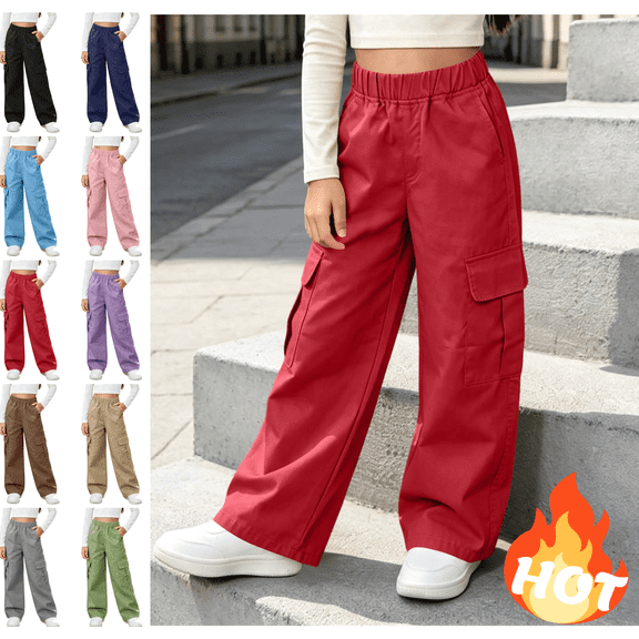 LUGOGNE Girls Cargo Pants Elastic Waist Wide Leg Casual Pants with Pockets Kids Clothing Red,Size 5