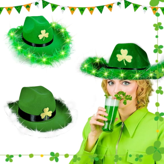 HBBKVI St Patricks Day Hat, St. Patrick's Day Velvet Border Illuminate Hat Leprechaun Dress Up Party Performance Props Green Hat Irish Shamrocks Holiday Accessories