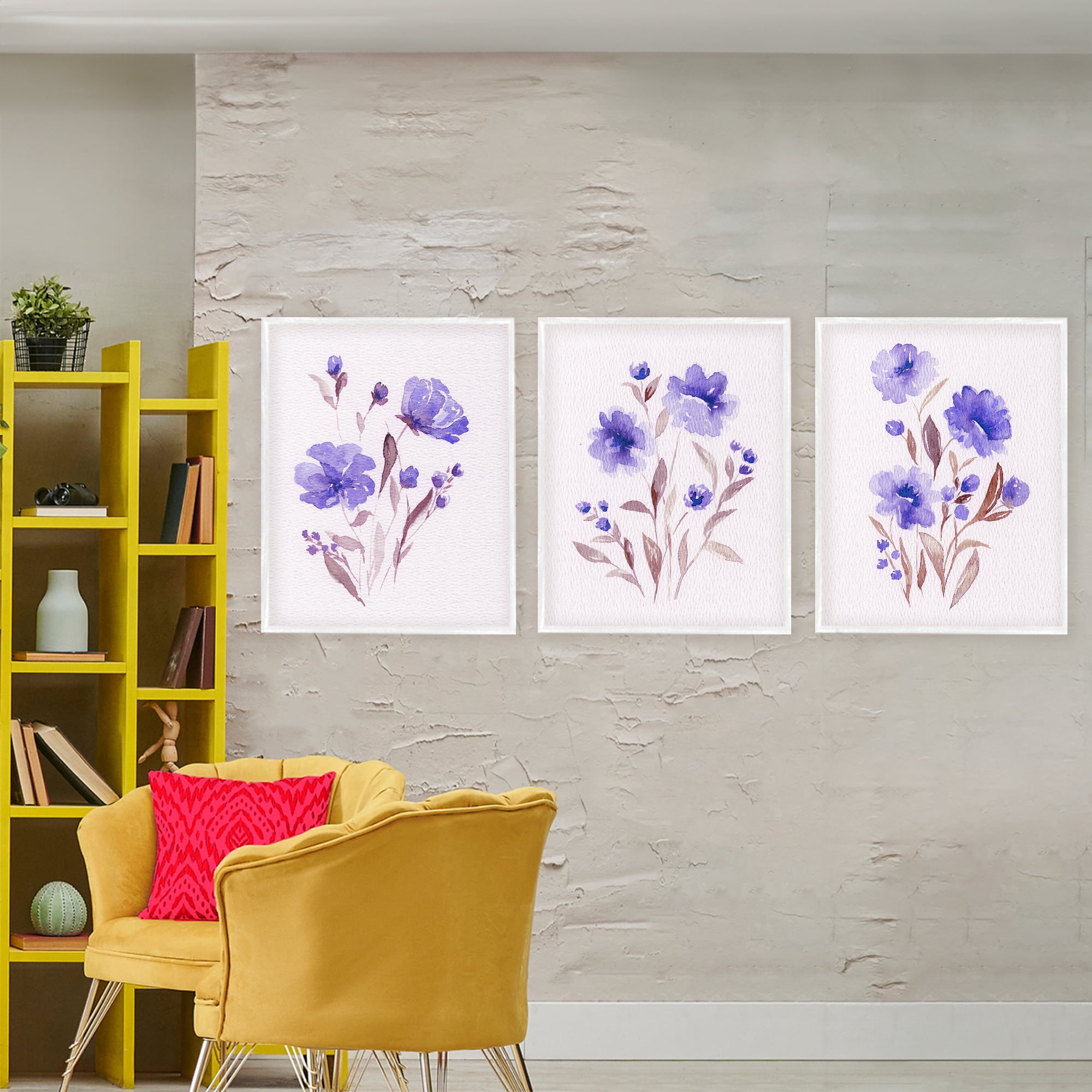 Stupell Industries Watercolor Purple Blooms 3 Piece White Framed Giclee Art Set, design by Leah Noel Art