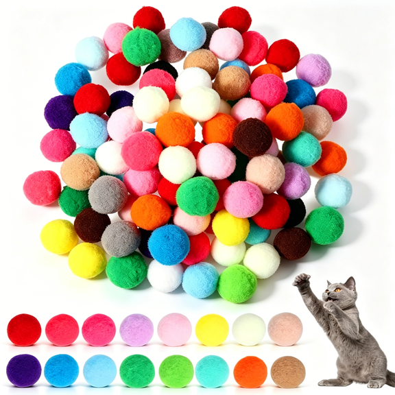 CYFW 100 PCS Cat Toy Pom Pom Balls 1 Inch Colorful Soft Fuzzy Interactive Kitten Puff Ball for Indoor Cats Exercise Play