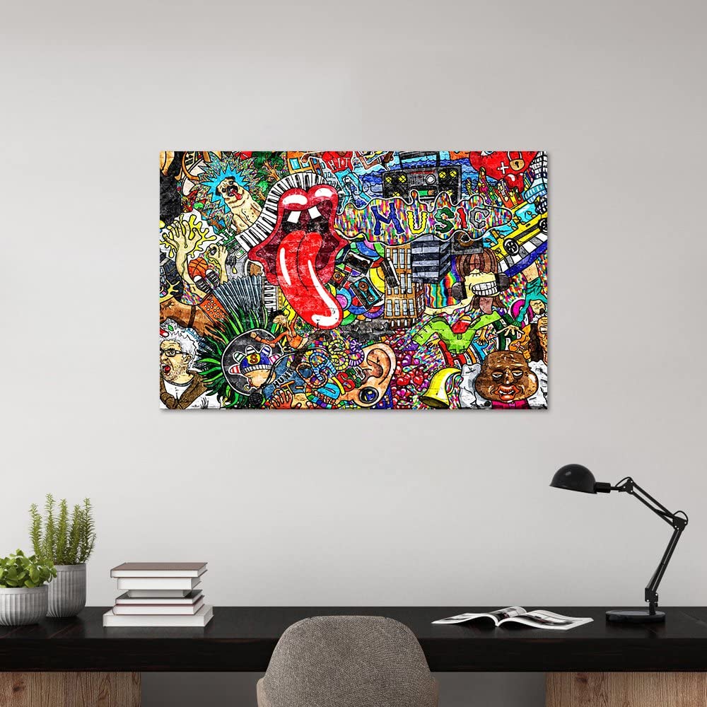 Graffiti Painting on Canvas Wall Art Colorful Doodle Picture Music Party  Collage on Brick Wall Posters and Prints Modern Contemporary Home Decor for  Living Room,Pub,Bar,12x18inches