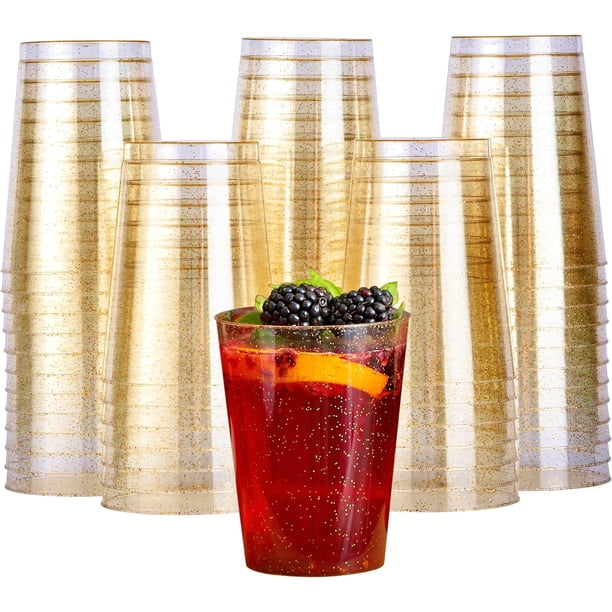 50 Premium Tjocka Plastglas, Plastpartyglas med Guldglitter (285ml / 10oz) - Återanvändbara Plastglas, Tumblers