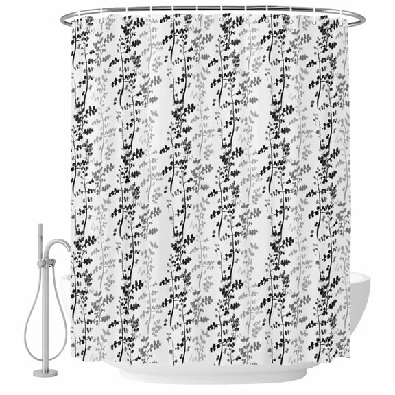 Black Grey Botanical Shower Curtain Set - 72" x 78" Washable Bathtub Curtain with 12 Hooks, Spring Floral Summer Farmhouse Waterproof Fabric Stall Shower Curtains for Bathroom/Bathtub Décor