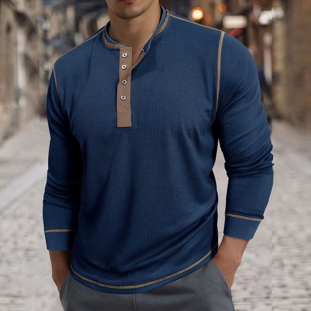 pstuiky camisa de manga larga para hombre, Camisa básica de manga larga con cuello redondo y transpirable de color sólido a la moda informal para hombre top de hombre l