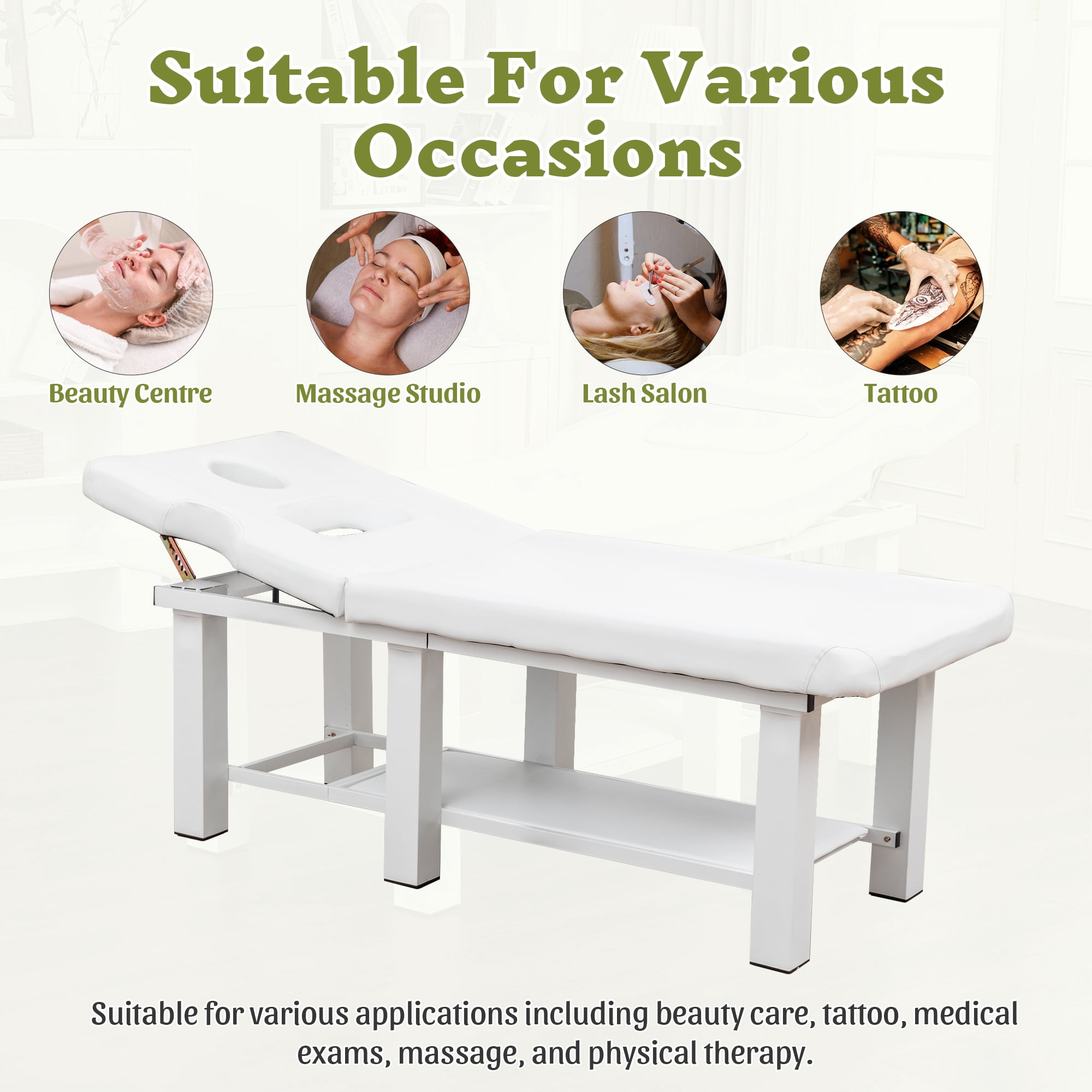 Miniyam 72.7" x 27.5" x 24.0" Massage Table – Adjustable Backrest 0-15°, Detachable Headrest, Bottom Storage, Waterproof Cushion, Steel Frame, 330 lbs – White for Spa Salon Tattoo Medical