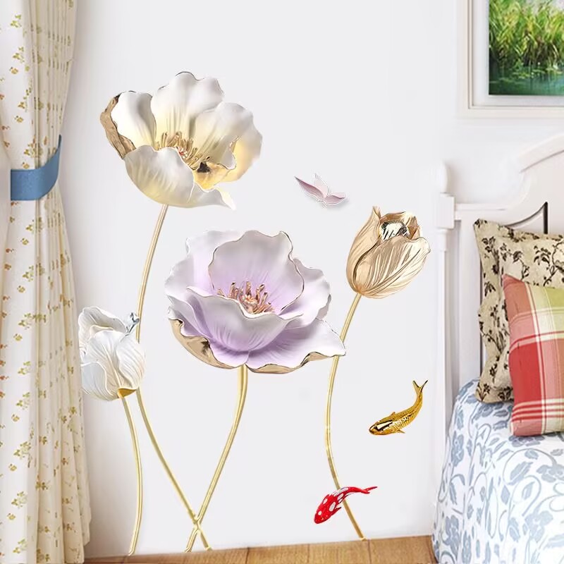 Watercolor Floral Wall Decals Large 3D Flower Wall Stickers Gold Tulip Floral Wall Art Decals for Living Room Bedroom TV Background Wall Decor