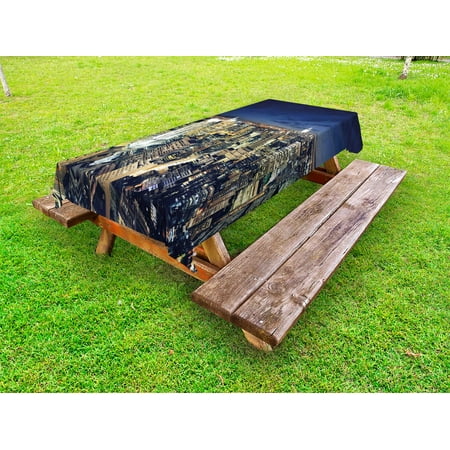 

Urban Outdoor Tablecloth Modern Cityscape After Sunset Manhattan New York USA Architectural View Decorative Washable Fabric Picnic Tablecloth 58 X 120 Inches Yellow Tan Dark Blue by Ambesonne