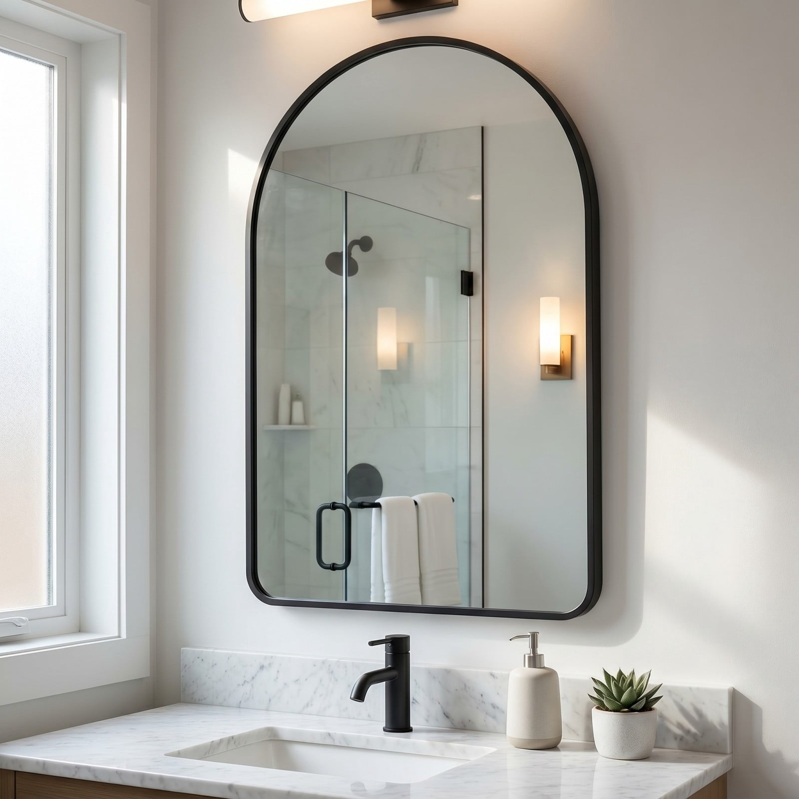 GRAHMCY 24"x36" Arched Bathroom Wall Mirror Rounded Corner Vanity Mirror with Metal Frame, Black