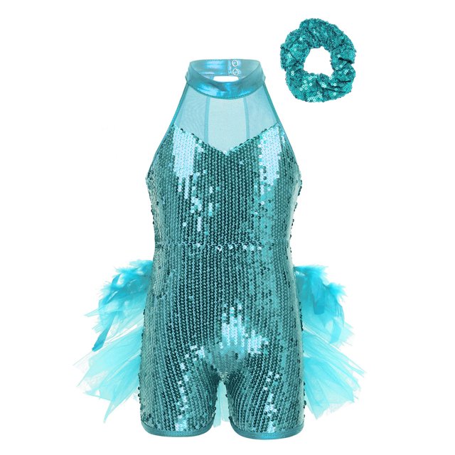Fille Sans Manches à Paillettes Justaucorps de Ballet Tutu Robe Jazz Latin Scène Performance Robe avec Chouchou Bleu Pâle 10