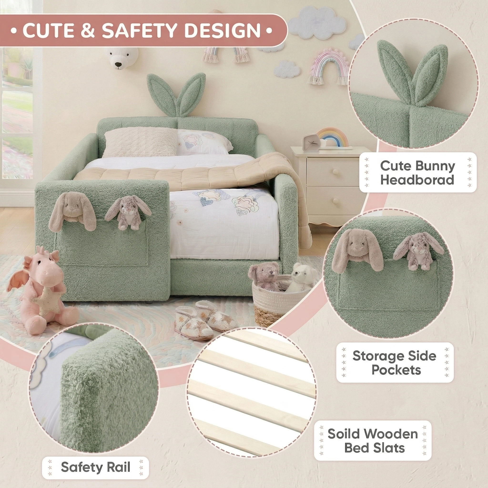 AISWORD Twin Size Kids Bed with Rabbit Ear Headboard, Upholstered Daybed with Slat Support & Side Pockets, Space-Saving Wooden Corner Sofa Bed, Green