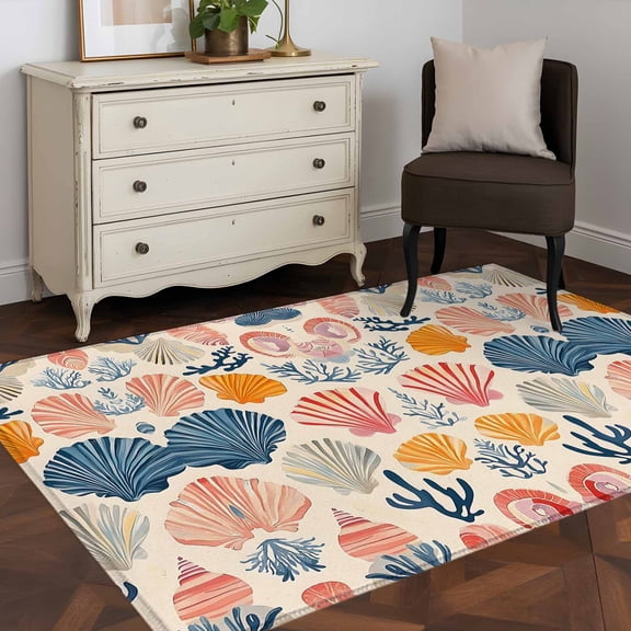 3'x5' Area Rugs, Shell Coastal Indoor Outdoor Area Rug for Living Room Bedroom, Summer Beach Nautical Coral Ocean Washable Bathroom Rugs Kitchen Floor Carpet Mats Home Decor Aesthetic
