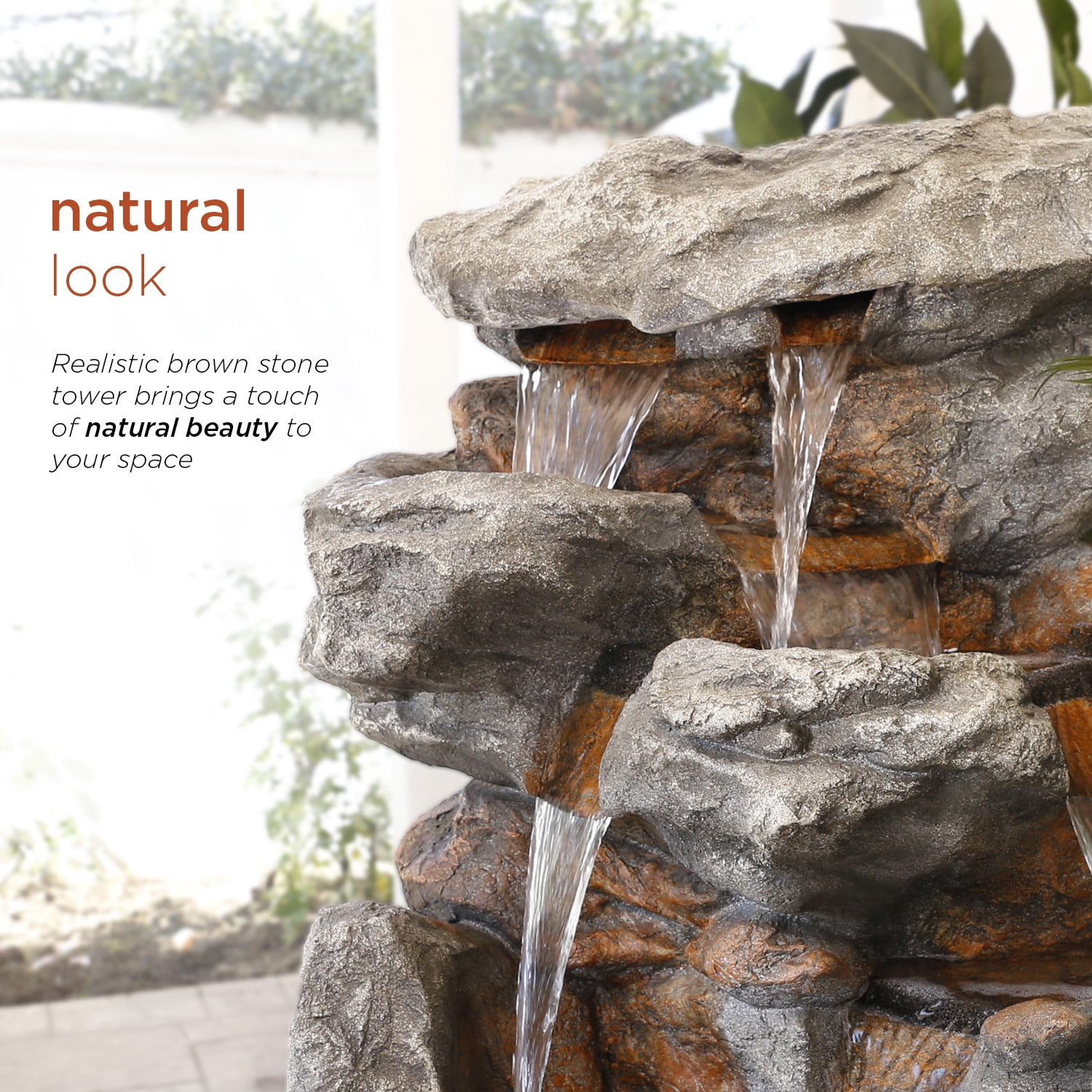 Alpine Corporation Outdoor 5-Tier Rainforest Rock Water Electric Fountain with LED Lights